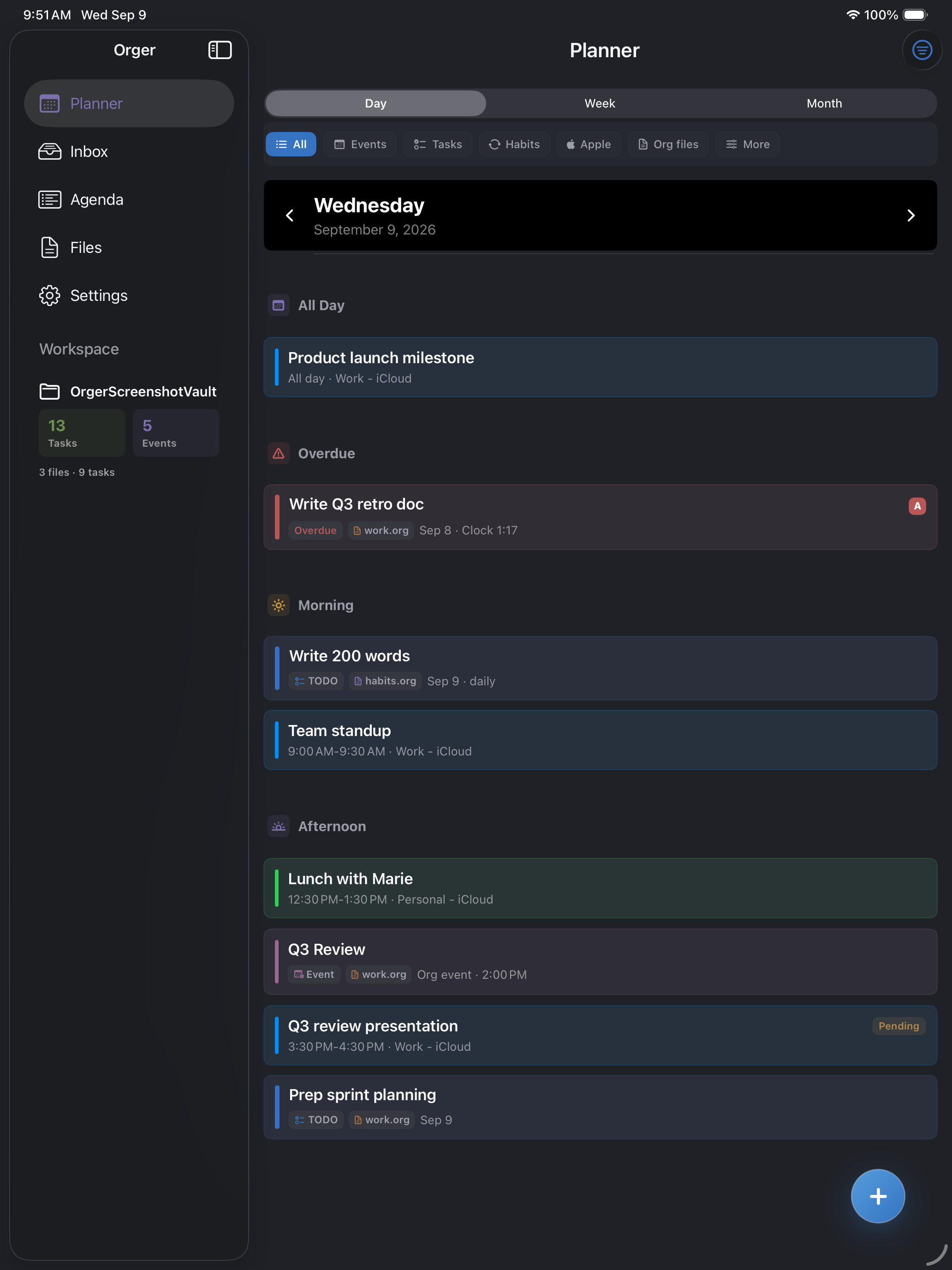 Orger Planner on iPad